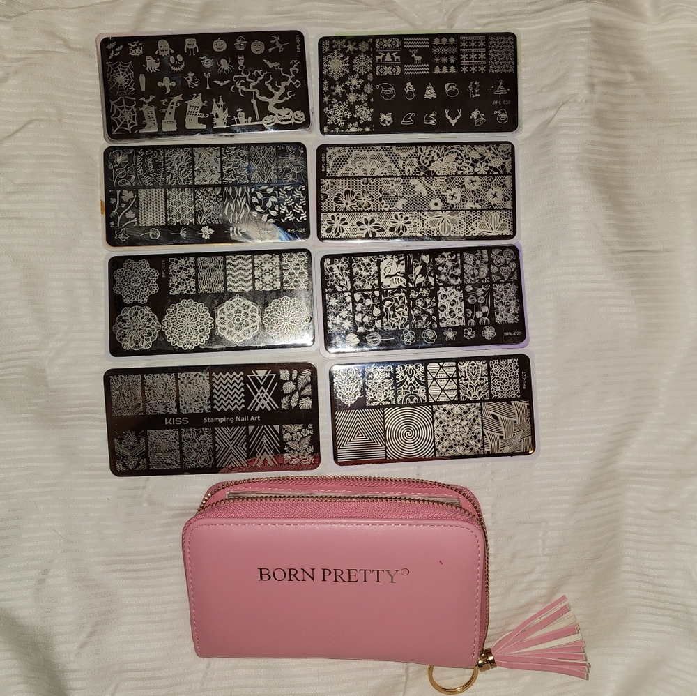 8 Nail Stamp Plates and Zip Carrying Bag, Halloween,  Christmas,  etc